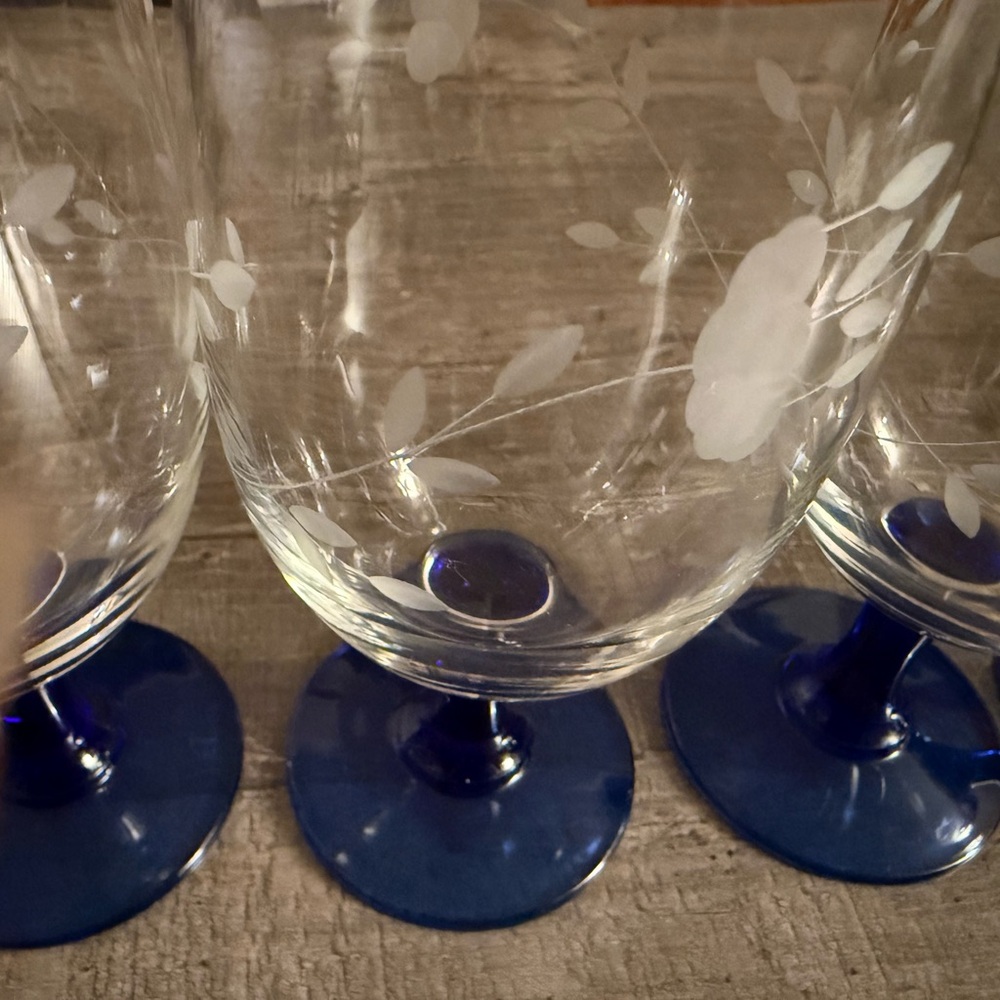 Vintaged Elegant Etched Glass Goblets with Blue - Picture 2 of 5